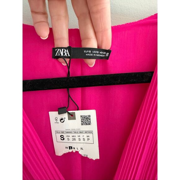 Zara Pleated Midi Dress NWT Hot Pink LS Fuschia, Size Small S Barbie Barbiecore - Picture 6 of 10